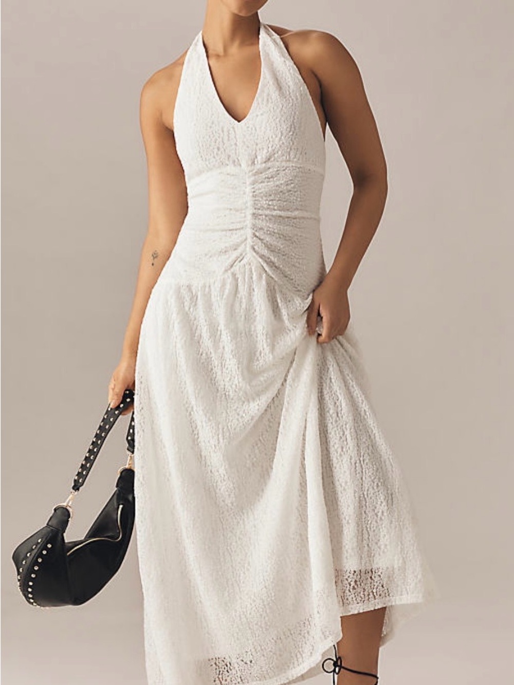 Anthropologie Flat White White Lace Halter Maxi Dress NWT L